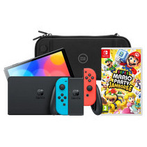 Nintendo Switch OLED Blauw/Rood + Mario Party Jamboree + BlueBuilt Beschermhoes
