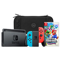 Nintendo Switch Rood/Blauw + Super Mario Bros. Wonder + BlueBuilt Beschermhoes
