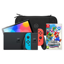 Nintendo Switch OLED Blauw/Rood + Super Mario Bros. Wonder + BlueBuilt Beschermhoes