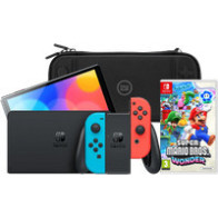 Nintendo Switch OLED Blauw/Rood + Super Mario Bros. Wonder + BlueBuilt Beschermhoes