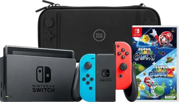 Nintendo Switch Rood/Blauw + Super Mario Galaxy 1+2 + BlueBuilt Beschermhoes