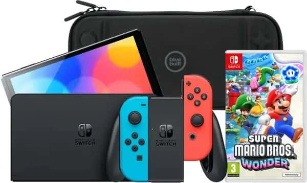 Nintendo Switch OLED Blauw/Rood + Super Mario Bros. Wonder + BlueBuilt Beschermhoes