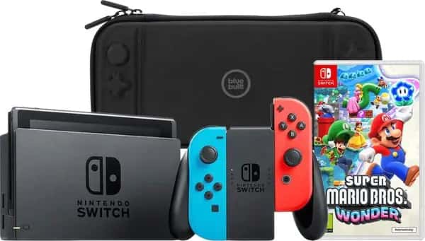 Nintendo Switch Rood/Blauw + Super Mario Bros. Wonder + BlueBuilt Beschermhoes