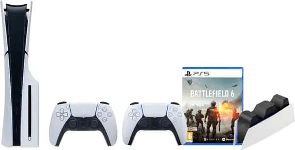 PS5 Slim Disc Edition + Battlefield 6 + Covers Zwart + Extra Controller Wit + Oplaadstation