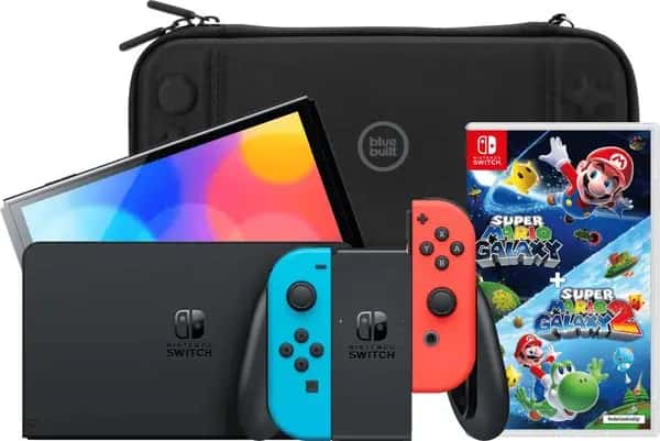 Nintendo Switch OLED Blauw/Rood + Super Mario Galaxy 1+2 + BlueBuilt Beschermhoes