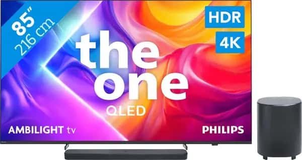 Philips Ambilight 85" PUS9000 QLED 4K (2025) + JBL Bar 500 M2 Zwart
