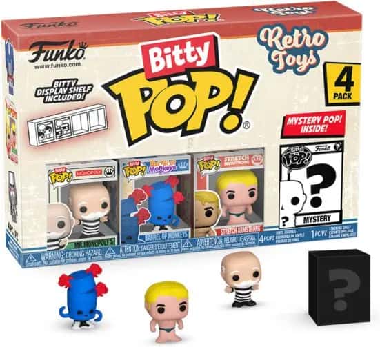 Retro Toys Funko Bitty Pop! 4-Pack: Mr. Monopoly (in Jail) / Barrel of Monkeys / Stretch Armstrong